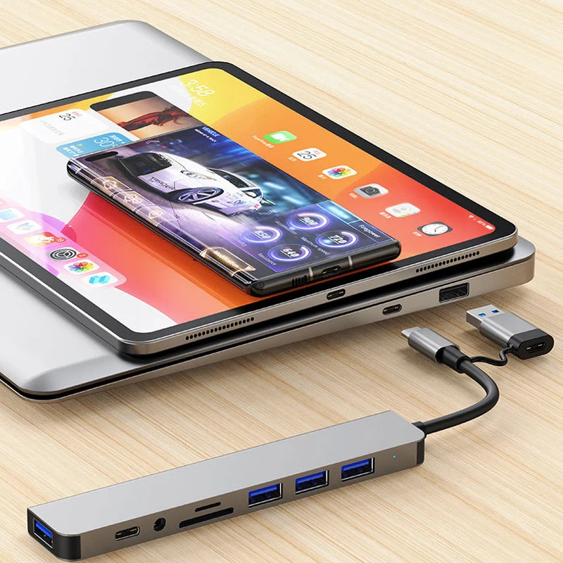 8-in-1 USB Hub Docking Station with USB-C & USB-A, SD/TF Card Reader and 3.5mm Audio Jack for Laptop Tablet Phone