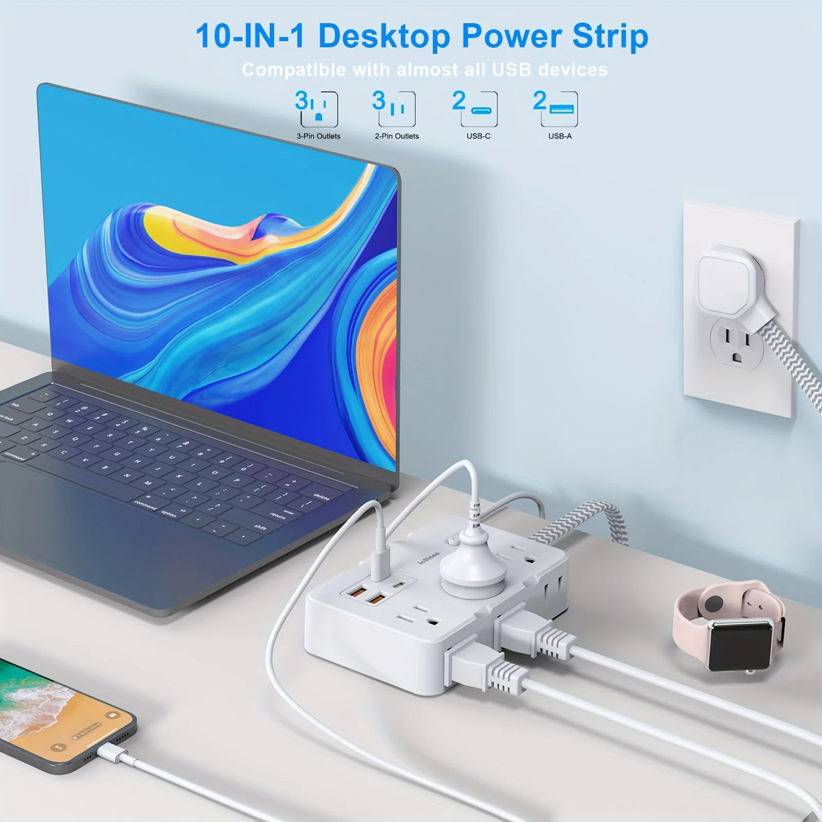 US Plug Power Strip 6-Outlet Extension Cord (1.5m / 4.9ft) Braided Cable with 4 USB Ports & USB-C, Master Switch & Overload Protection