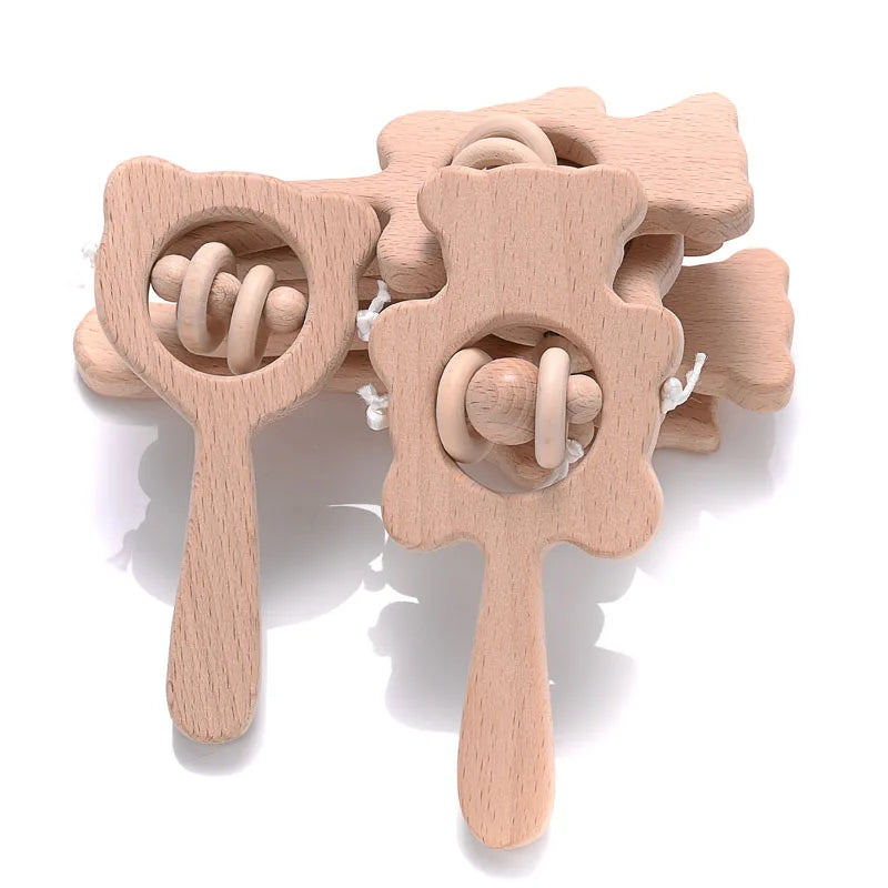 1-Pack Beech Wood Baby Teether - Wooden Animal Ring Nursing Pendant Rattle Chew Toy Rabbit Owl