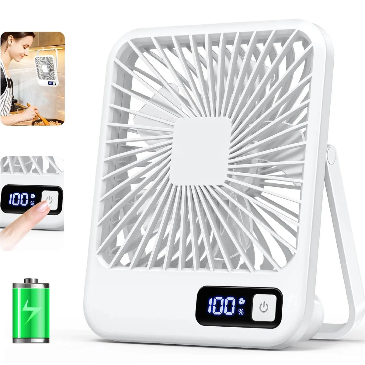 USB Rechargeable Portable Desk Fan — 180° Foldable Personal Table Fan, 5-Speed Quiet Fan with Battery Power Display