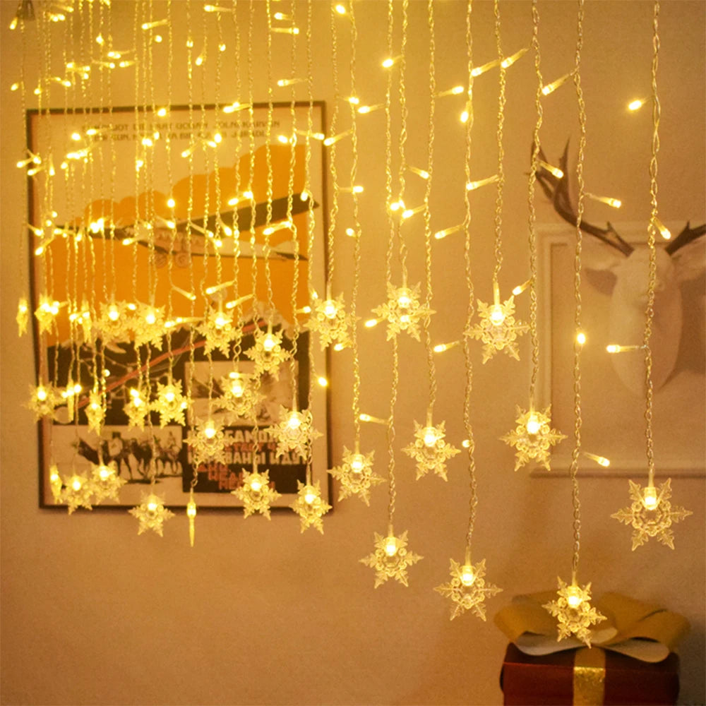 Snowflake LED Curtain String Lights 96-LED 3.5m (11.5ft) Fairy Christmas Lights 8 Modes IP44 Waterproof 50–70cm (20–28in) Drops EU/US Plug