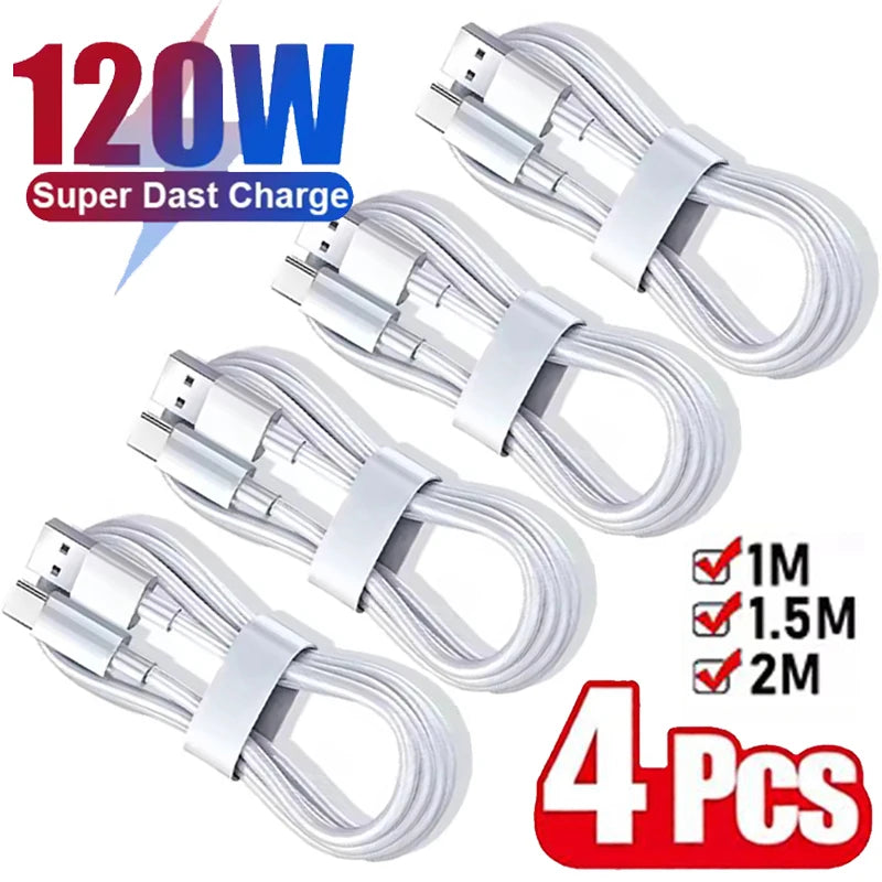 4-Pack USB-A to USB-C Fast Charging Cable — 6A 120W, 1m/2m High-Speed Data Sync for Android Phones