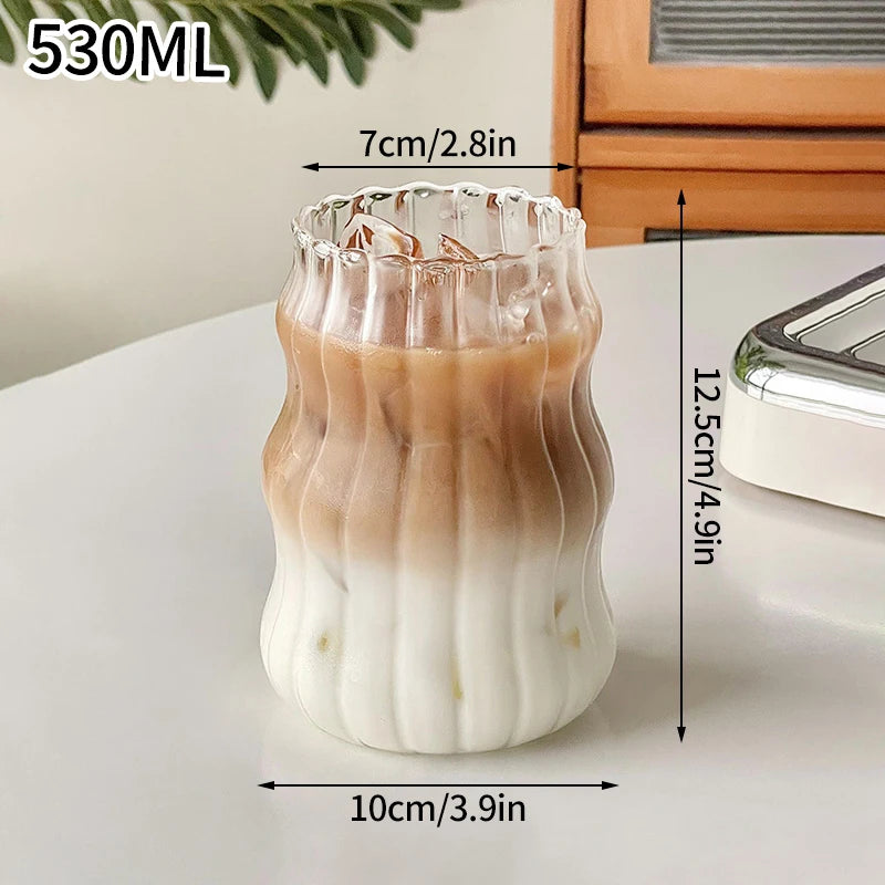 Wave Ripple Glass Tumbler - Transparent Iced Coffee & Milk Tea Cup, 280 ml (9.5 fl oz) & 530 ml (18 fl oz)
