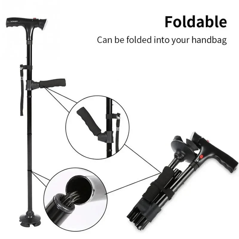 Collapsible Telescopic Walking Cane with LED Light & Alarm, Adjustable 4-Point Quad Base T-Handle for Seniors