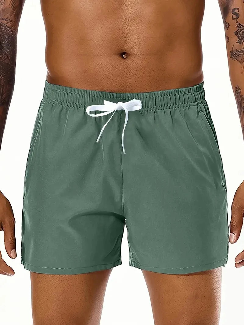 Men's Summer Beach Casual Comfortable Elastic-Waist Solid Color Sports Shorts with Double Pockets
