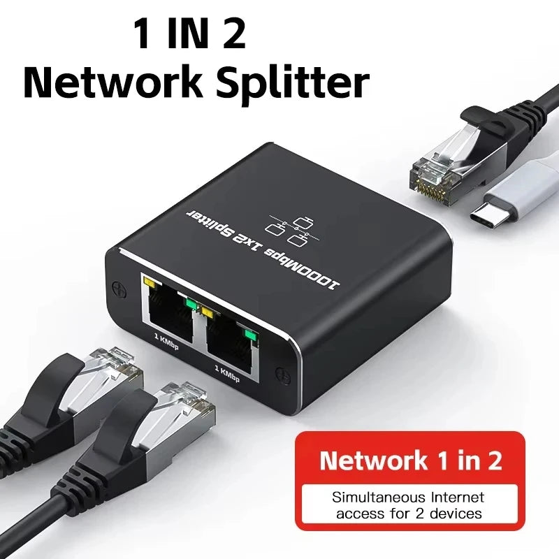 RJ45 1-to-2 Gigabit Ethernet Splitter – USB-C Powered 1000Mbps Network Splitter