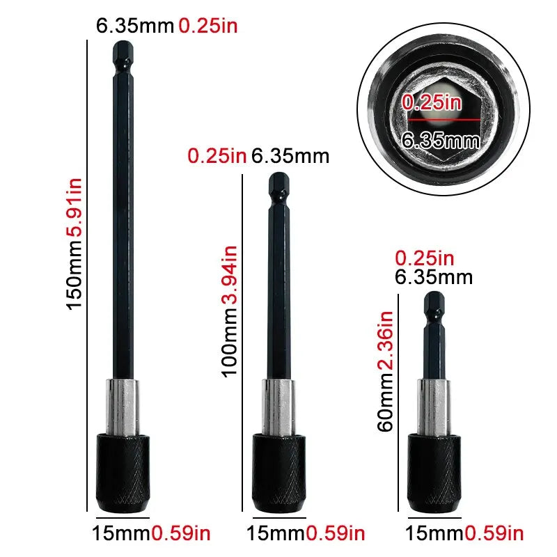3-Piece Hex Quick-Release Self-Locking 1/4 in (6.35 mm) Extension Bit Holder Set — 60/100/150 mm for Drills & Screwdrivers