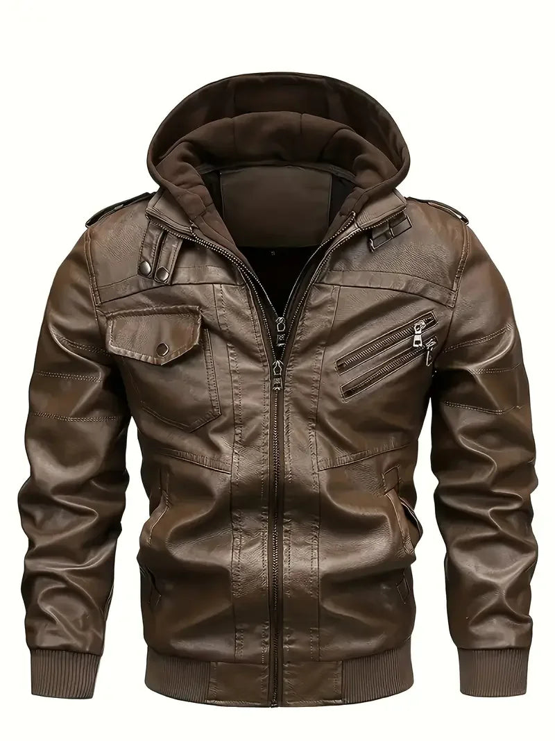 Men's Slim Fit PU Motorcycle Leather Jacket - Windproof Biker Coat with Detachable Hood & Zipper