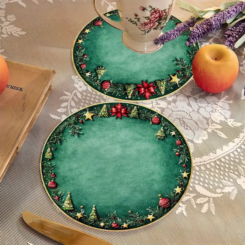 Christmas Placemats Set of 4 – 15 x 15 in (38 x 38 cm) Green & Gold Holiday Table Mats with Tree & Red Bow