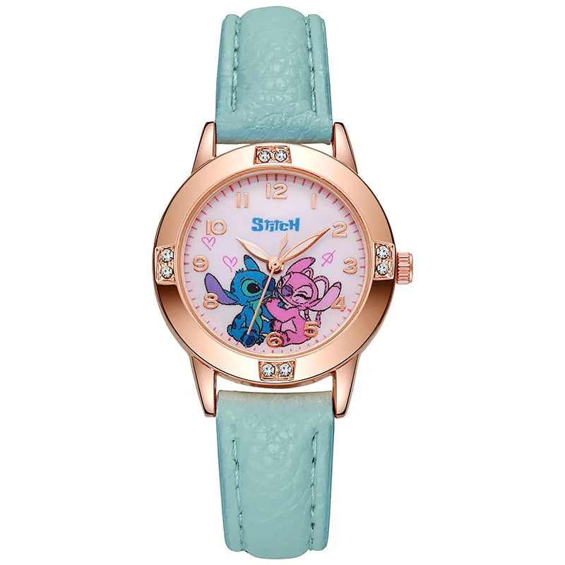 Girls Cartoon Leather Strap Watch with Rhinestone Dial — Rose Gold Cute Kids Watch
