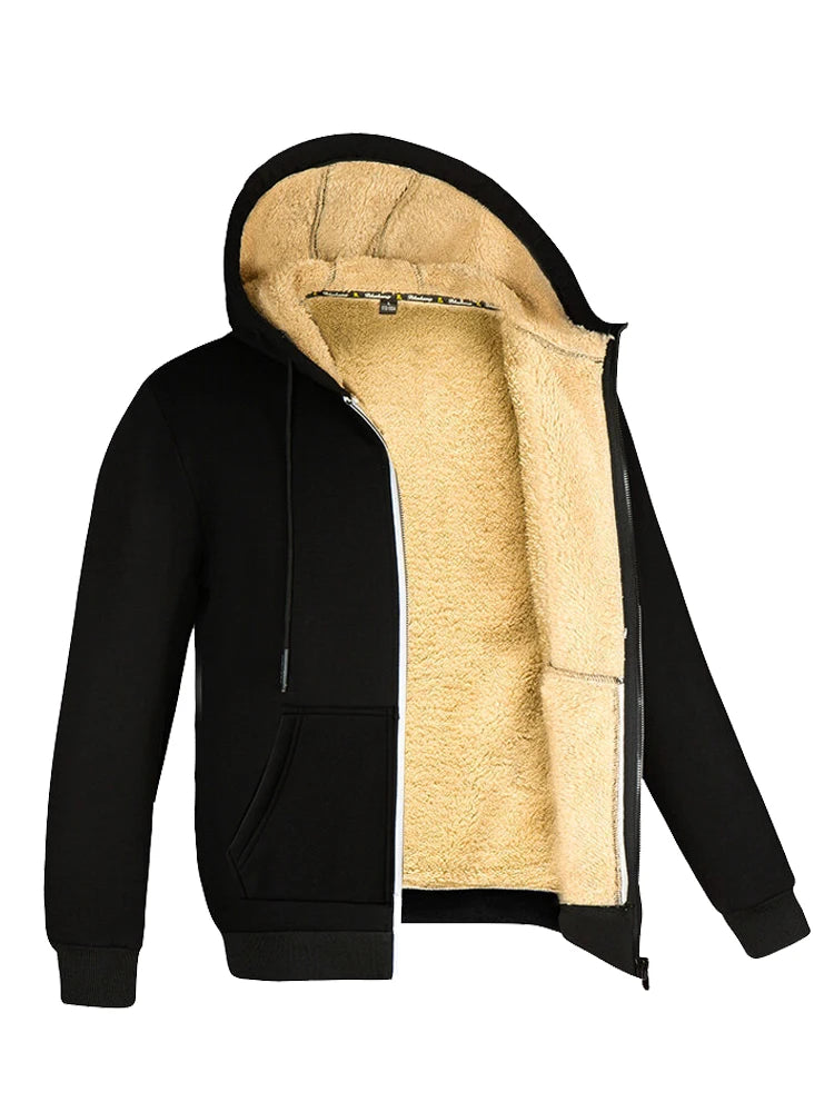 Lambswool-Lined Fleece Hooded Jacket – Thick Zip Winter Coat for Men & Women, Black