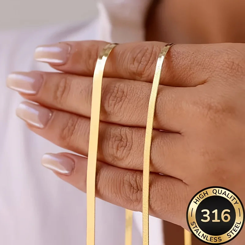 Minimalist Flat Snake Bone Chain Necklace, Adjustable Gold Stainless Steel, Tarnish-Resistant, Stackable