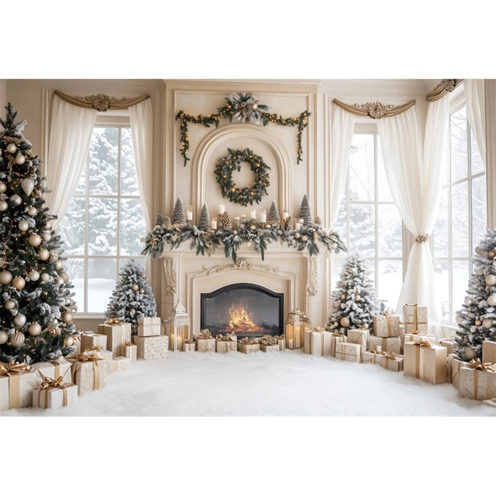 Christmas Fireplace Photography Backdrop — Gingerbread House & Wooden Window Holiday Photo Background for Kids & Family