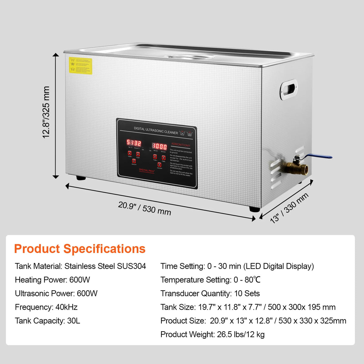 Stainless Steel Ultrasonic Cleaner — Portable Jewelry, Watch & Parts Washer (1.3–30L / 0.34–7.9 gal)