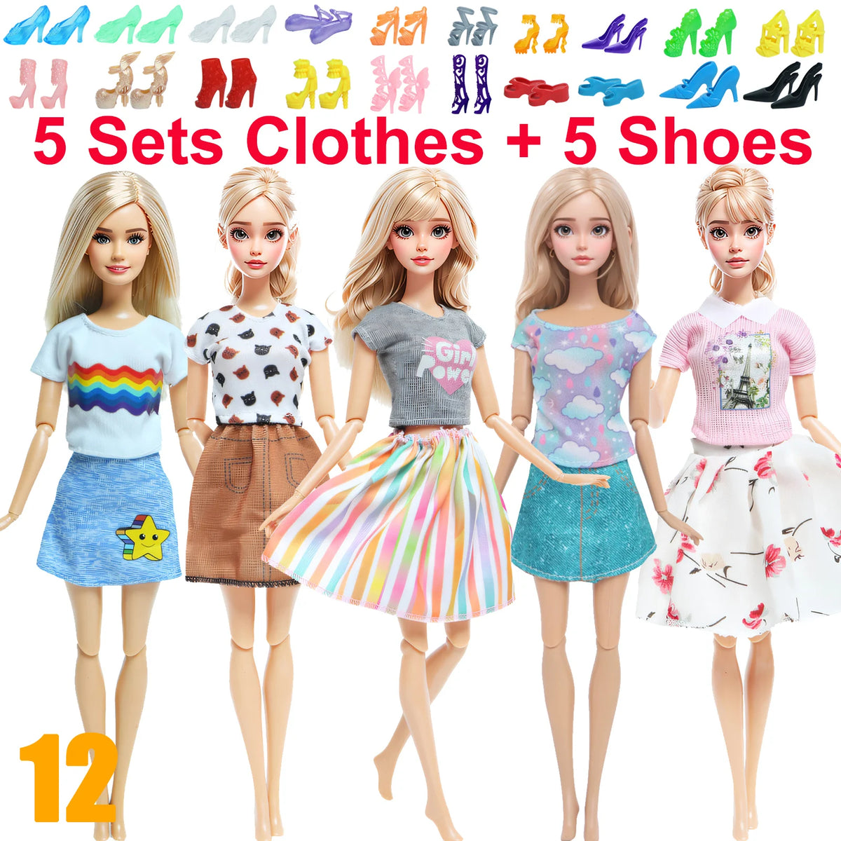 10-Piece 1/6 Scale Doll Clothes Set for 11.5–12 in (30 cm) Dolls — Dresses, Shirts, Pants & Shoes
