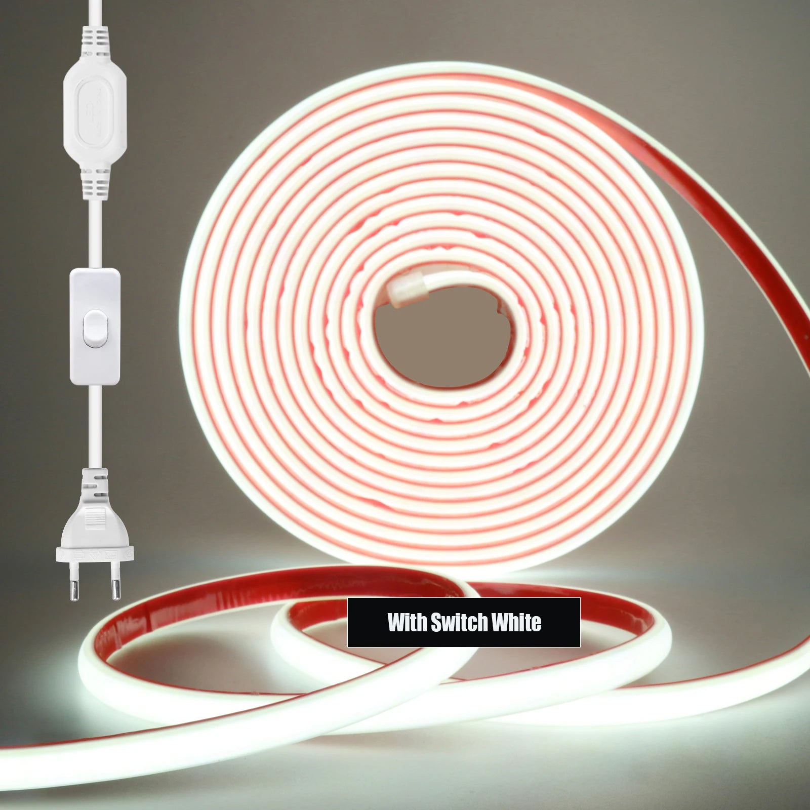 220V COB LED Strip Light 288 LEDs/m IP67 Dimmable with EU Plug & Switch - Flexible Adhesive Tape