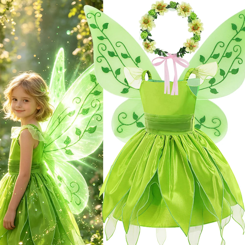 Girls Fairy Princess Costume Dress - Green Tulle Ball Gown for Ages 4-6 | Halloween Cosplay Party