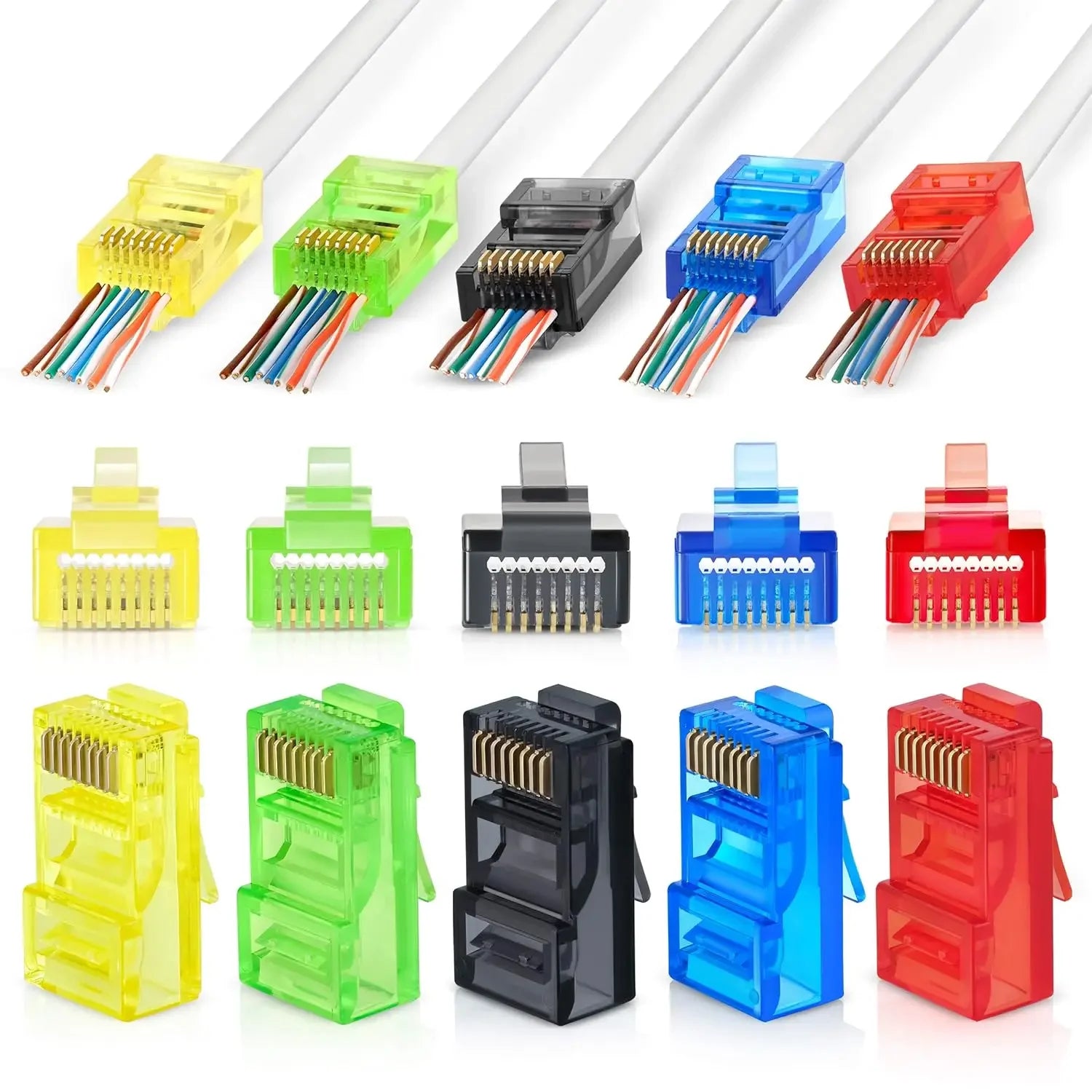 50-Pack RJ45 Pass-Through Connectors CAT5e Unshielded UTP Crystal Heads for Solid & Stranded Cables (Assorted Colors)