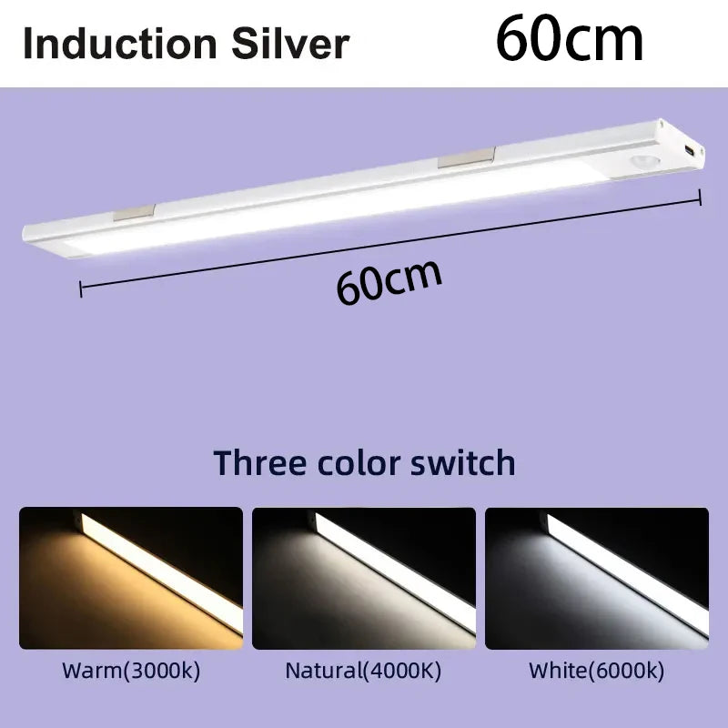 FanzyMarket LED motion sensor cabinet light with 15.7-inch length, dimmable, rechargeable, wireless night lamp in three color temperatures.