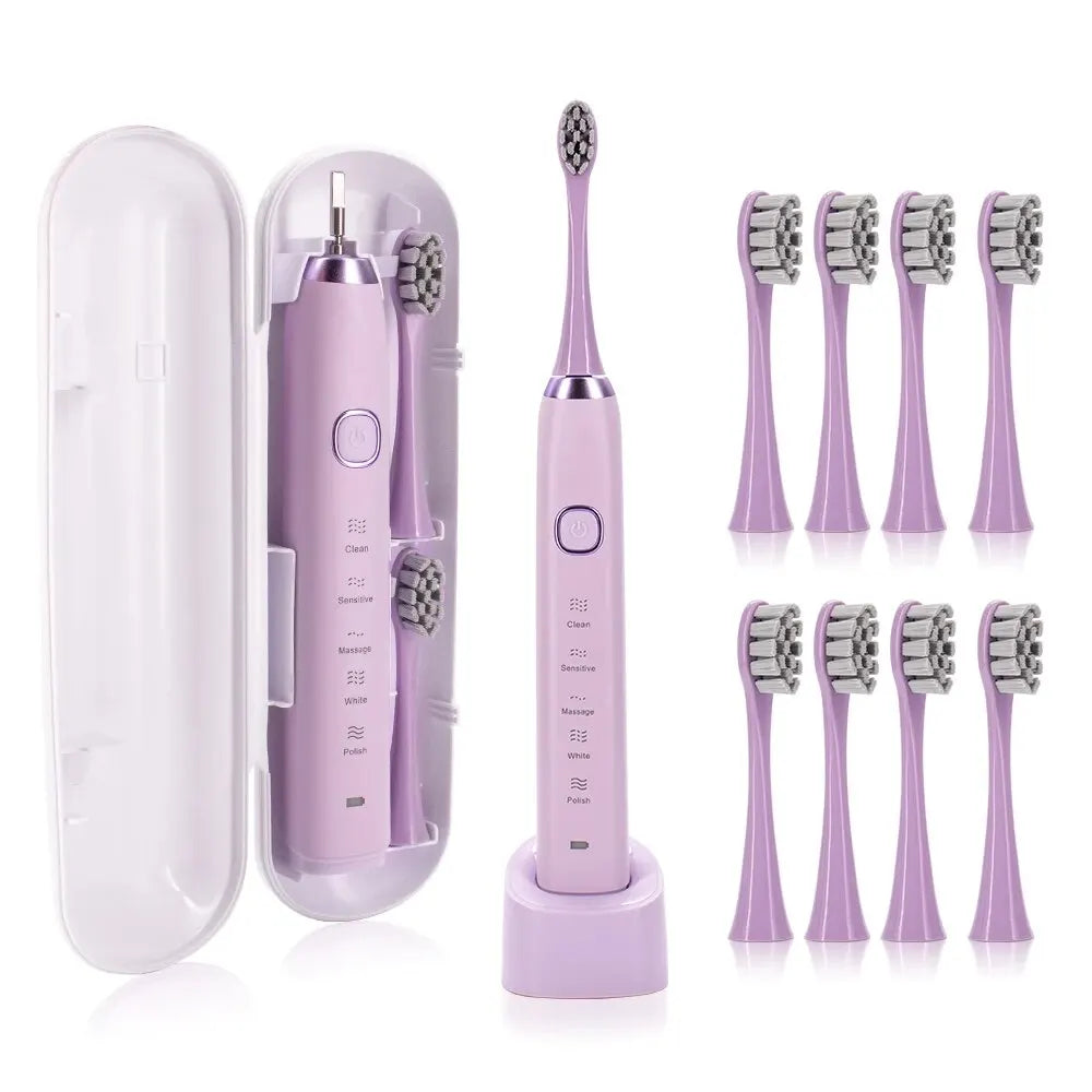 Sonic Ultrasonic Electric Toothbrush Rechargeable USB Type-C, 8 Replacement Brush Heads, Waterproof, Whitening, 5 Modes
