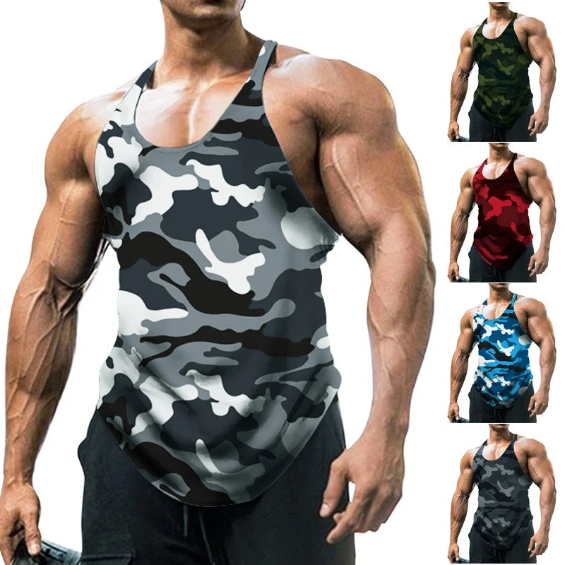 Men's Camo Sleeveless Tank Top - Vintage Sports Workout Training Vest