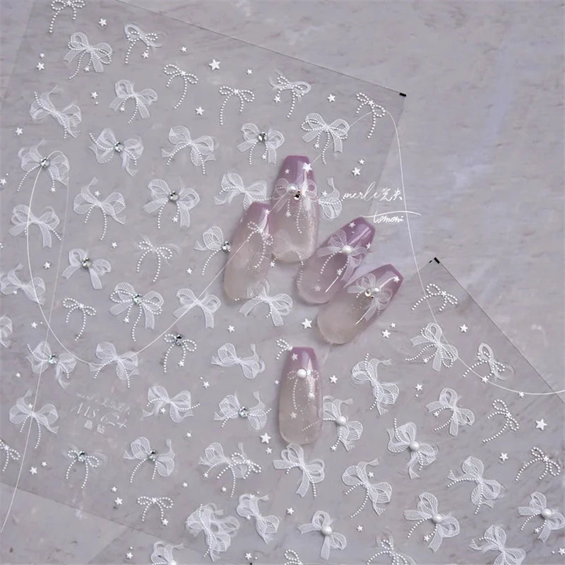 5D Lace Bow Nail Stickers with Crystal Rhinestones