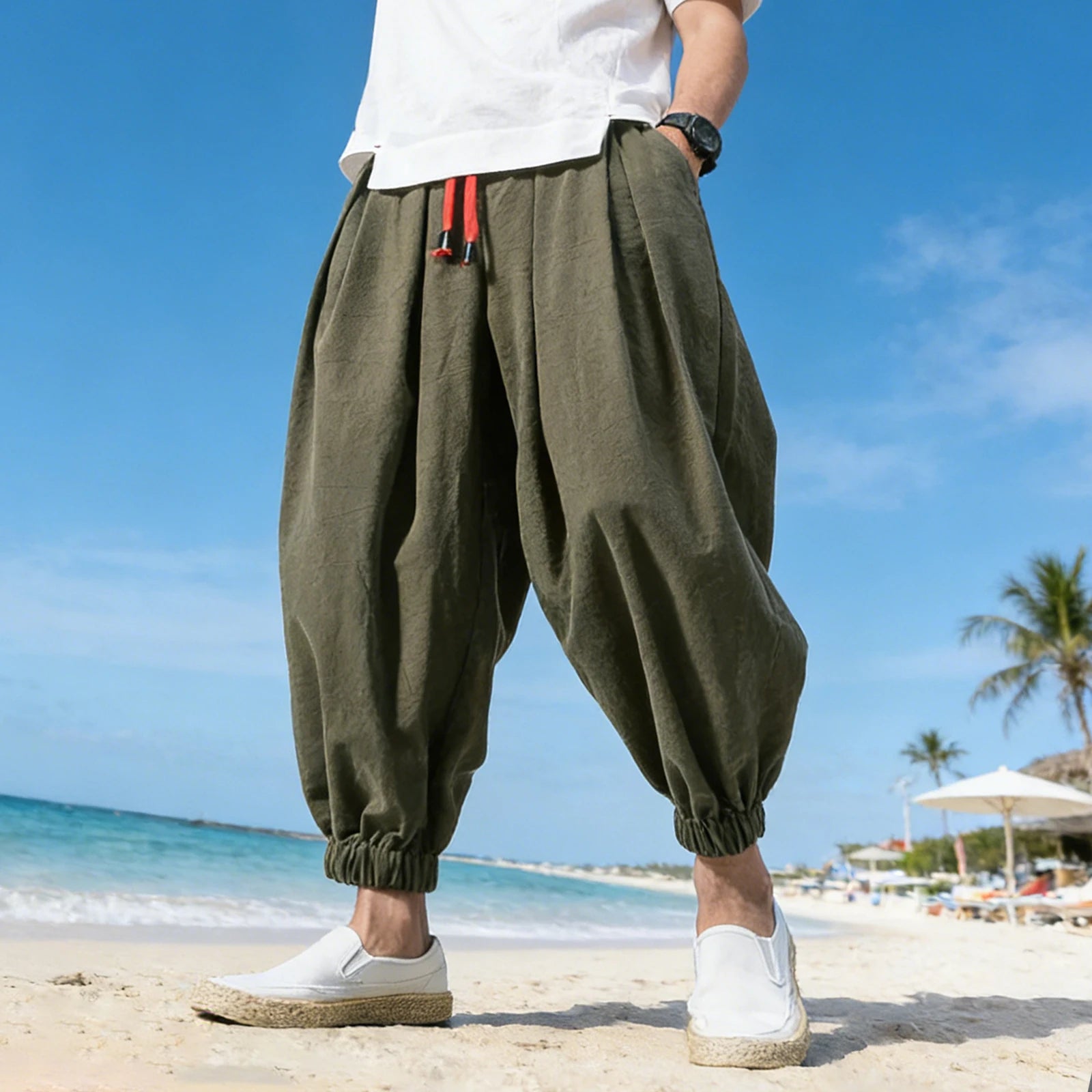 Men's Linen Ankle-Length Cropped Pants Elastic Waist Pleated Loose Beach Travel Casual Trousers