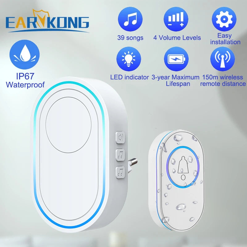 Smart Wireless Doorbell Waterproof Long Range 300m (984 ft) Remote Chime - Plug-in Options EU/UK/US, 39 Melodies