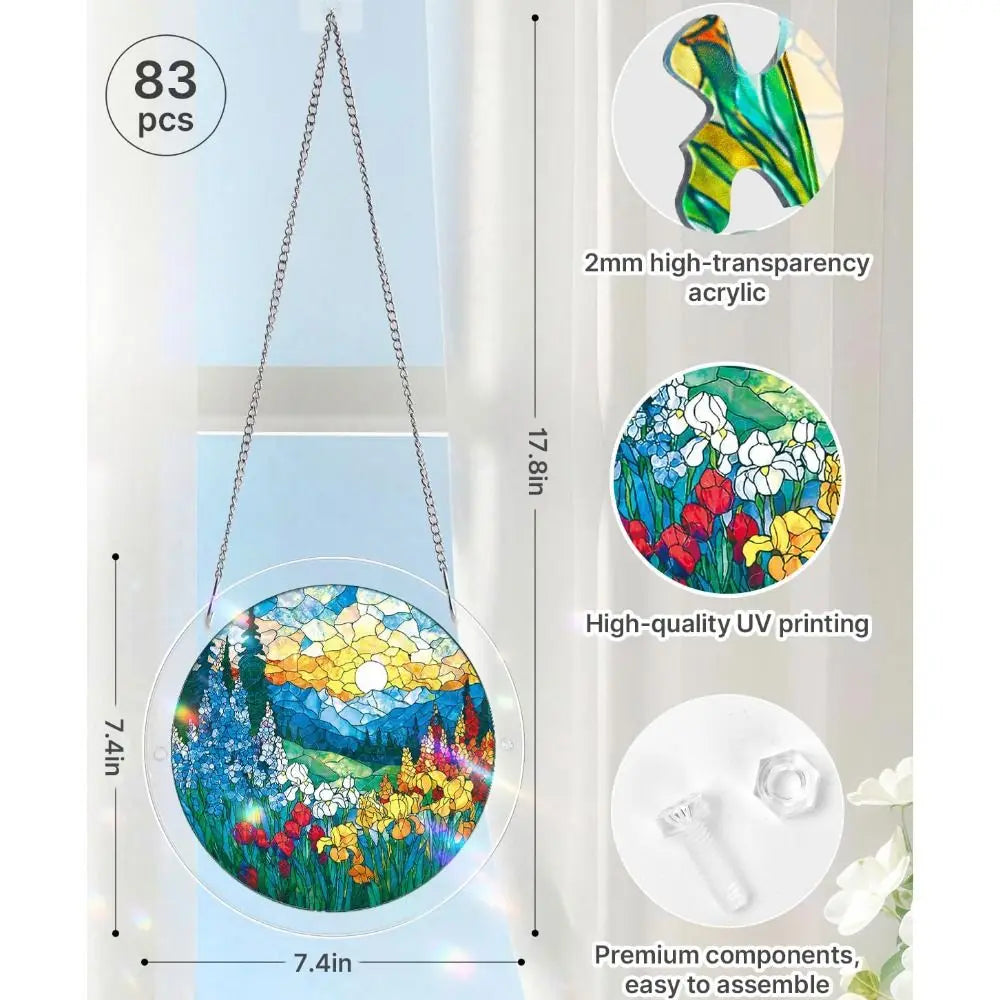 83-Piece 7.4in (18.8cm) Round Acrylic Puzzle Sun Catcher - UV-Printed Window Hanging with Metal Chain