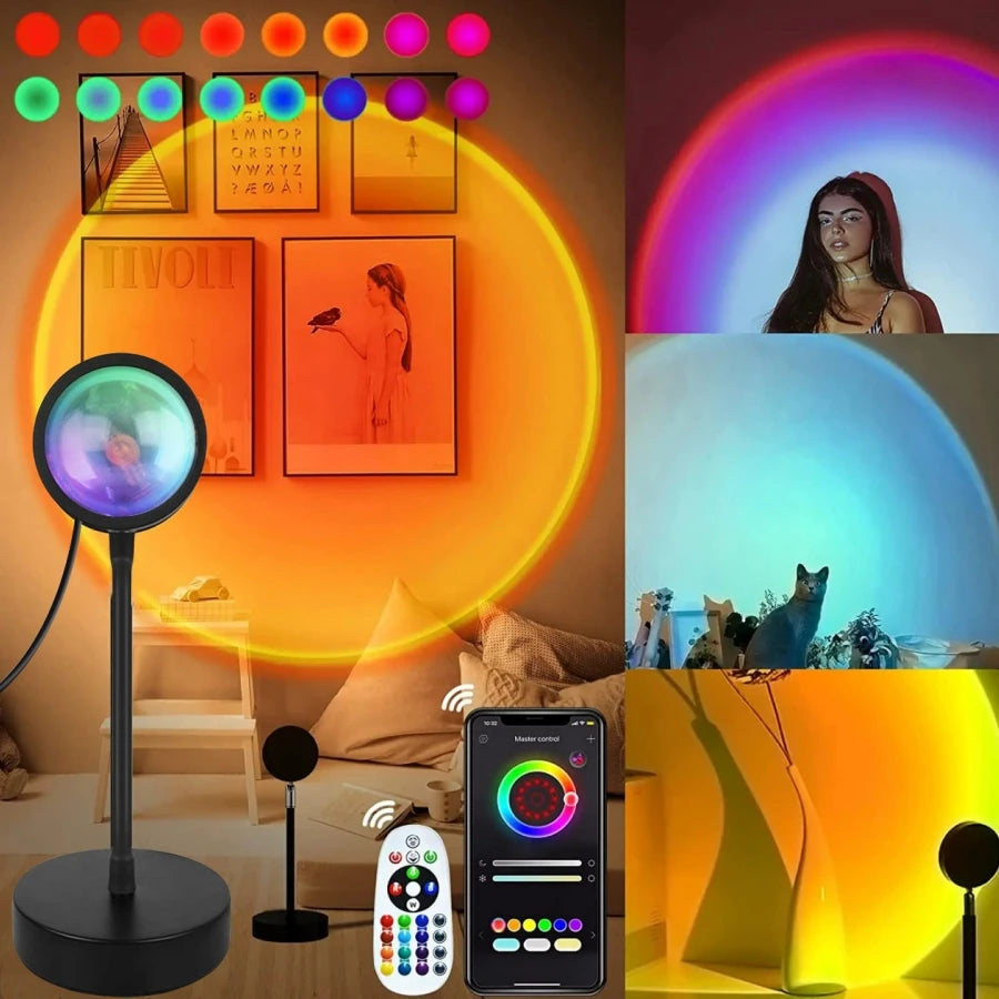 Sunset LED Projection Lamp — USB RGB Night Light, App & Remote Controlled Room Decor for Photography, Parties & Birthdays