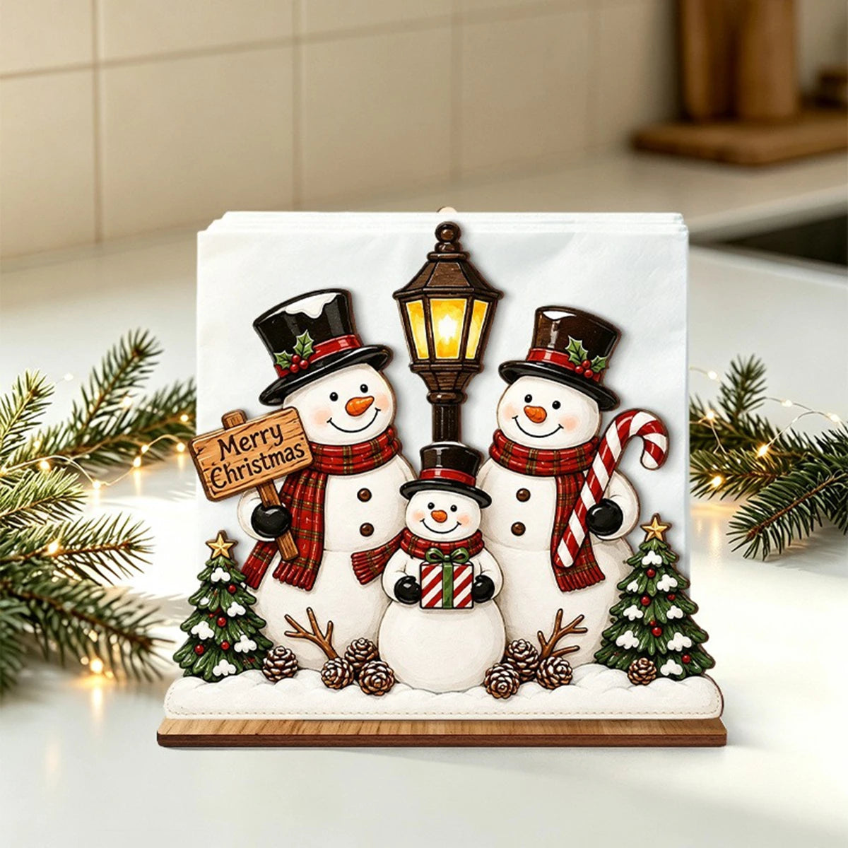Santa Claus Wooden Napkin Holder - Holiday Tabletop Napkin & Tissue Holder, Christmas Dining Decor