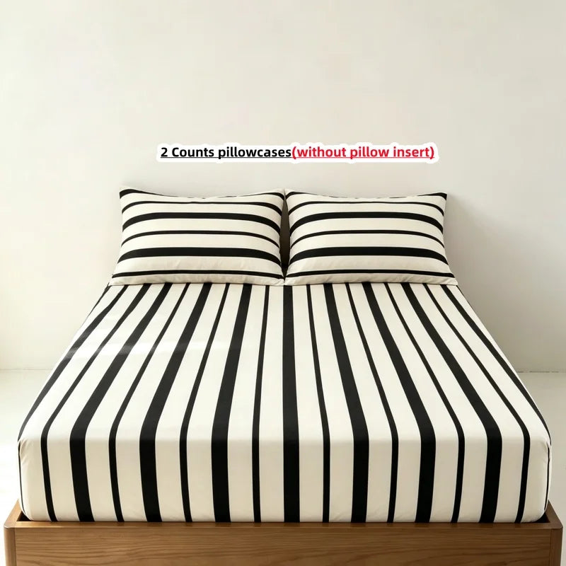 3-Piece Striped Fitted Sheet Set with Elastic Anti-Slip Skirt — 1 Fitted Sheet + 2 Pillowcases, Multiple Sizes (100–220 cm / 39–87 in)