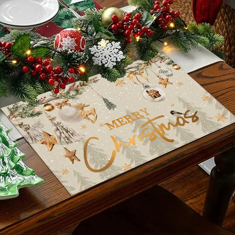 Linen Christmas Tree Placemats – Holiday Rectangle Table Mats for Kitchen & Dining, Navidad Noel