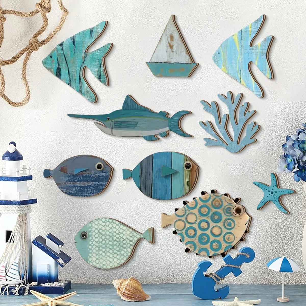 Handcrafted Wooden Ocean Wall Decor Set, Coastal Fish Coral Starfish & Sailboat Wall Art for Home and Bathroom