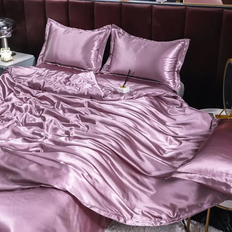 Ice Silk Satin 4-Piece Duvet Cover Set – Silky Solid Color Bedding (Duvet Cover + 2 Pillowcases + Sheet), Fits 1.5–2.2 m (5–7 ft) Beds
