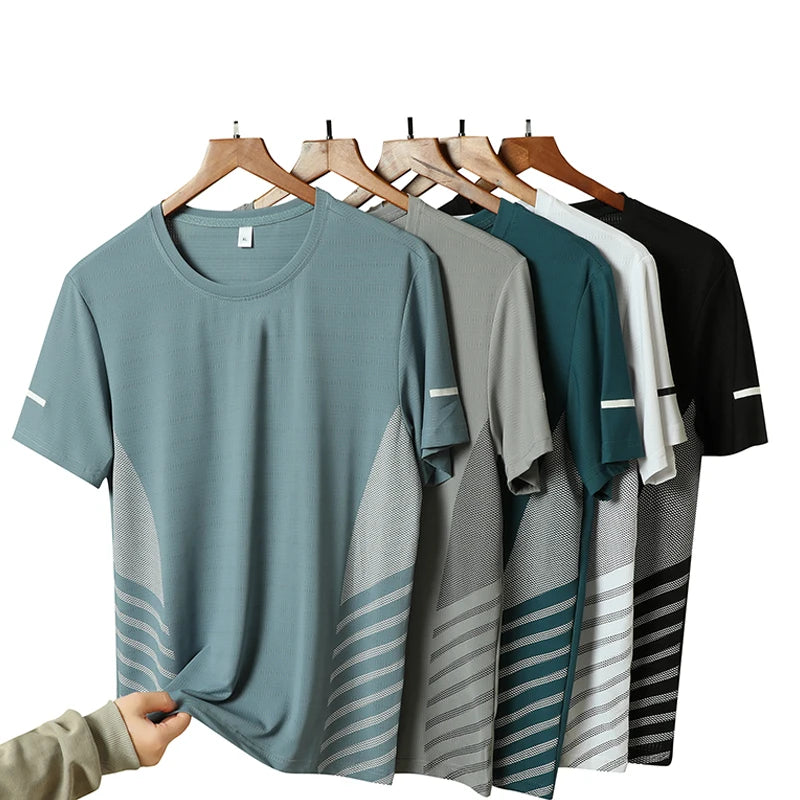 Men's Running T-Shirt Ice Silk Quick-Dry Breathable Mesh Short Sleeve Athletic Tee with Reflective Print