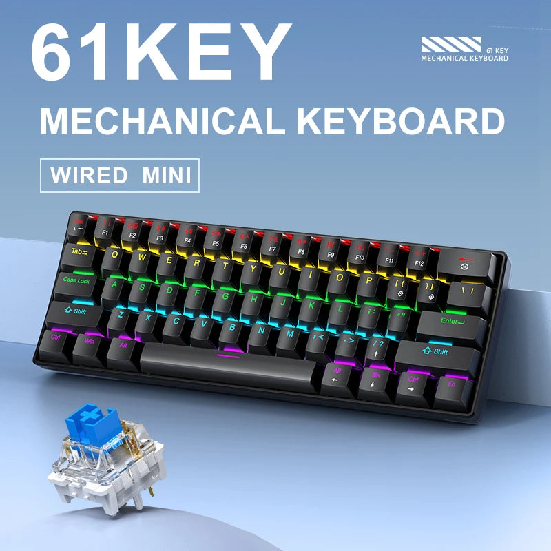 60% 61-Key Mechanical Keyboard Wired RGB – Compact Gaming Keyboard with Red/Blue Switches (Black, White)