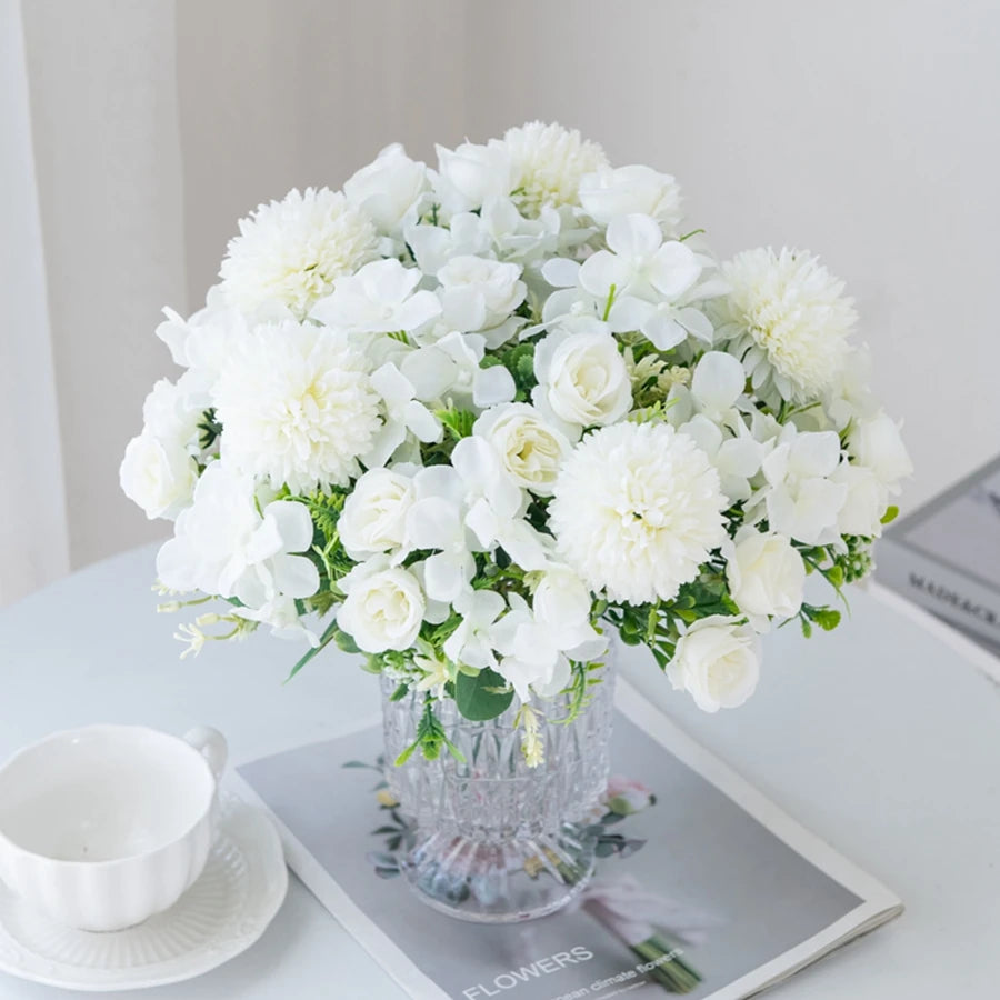 Silk Rose & Chrysanthemum Artificial Flower Bouquet - 2-Pack Wedding, Garden Archway & Home Festival Garland Decor