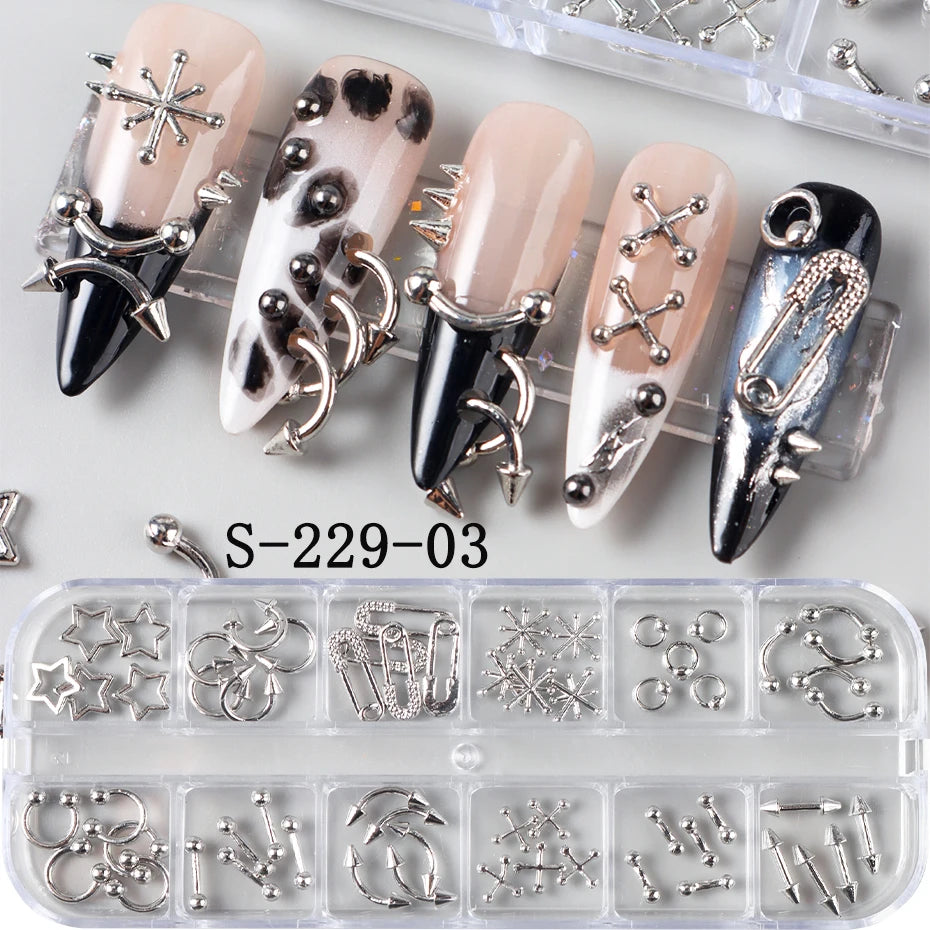 12-Grid Silver Gothic Punk Nail Charms - Metal Rivet Studs for DIY Nail Art Y2K Grunge
