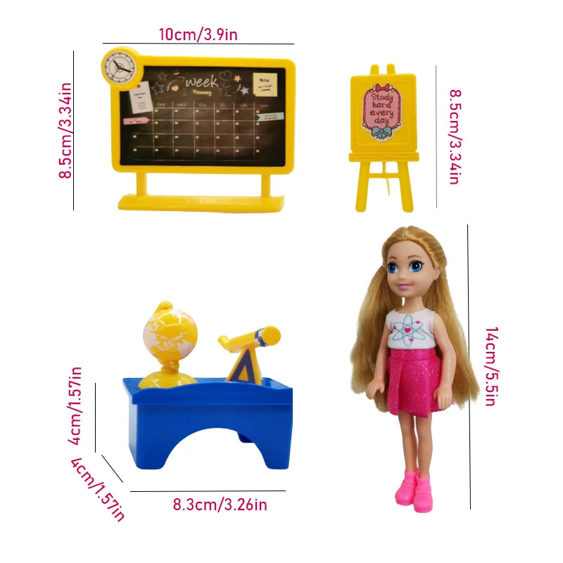 5.5in (14 cm) Doll Playset - Medical & School Role-Play Kit with Accessories, Gift Box for Kids