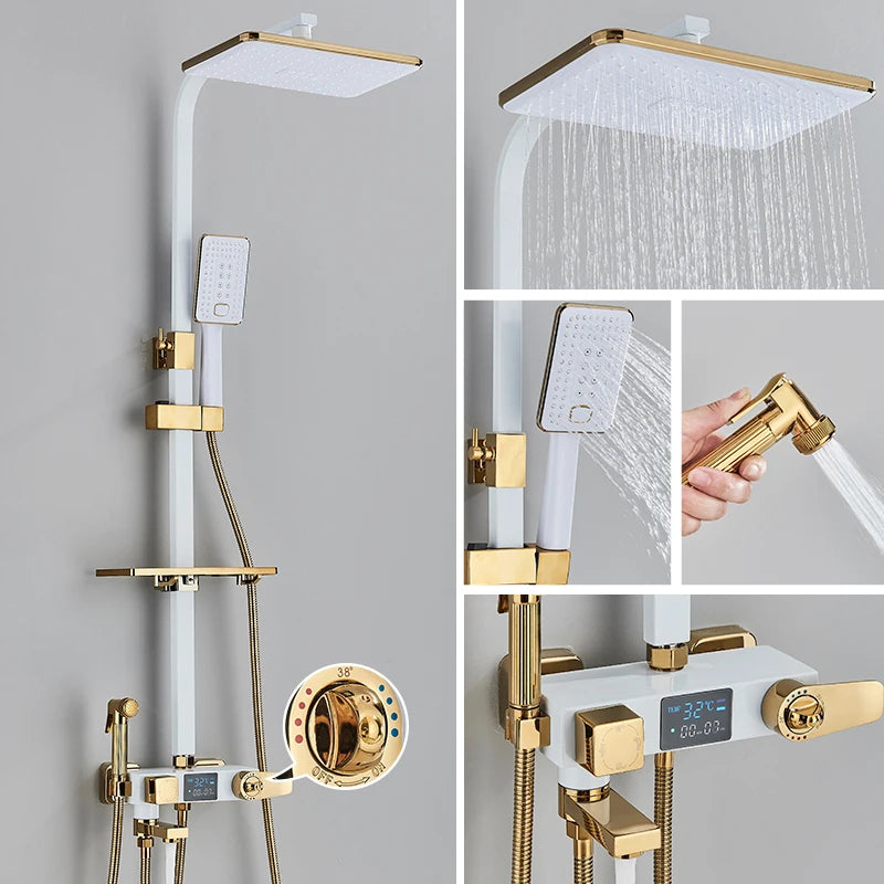 Black Thermostatic Shower Mixer with Digital Display, 4-Way Valve, 8-Inch (20 cm) Rainfall Head & Shelf