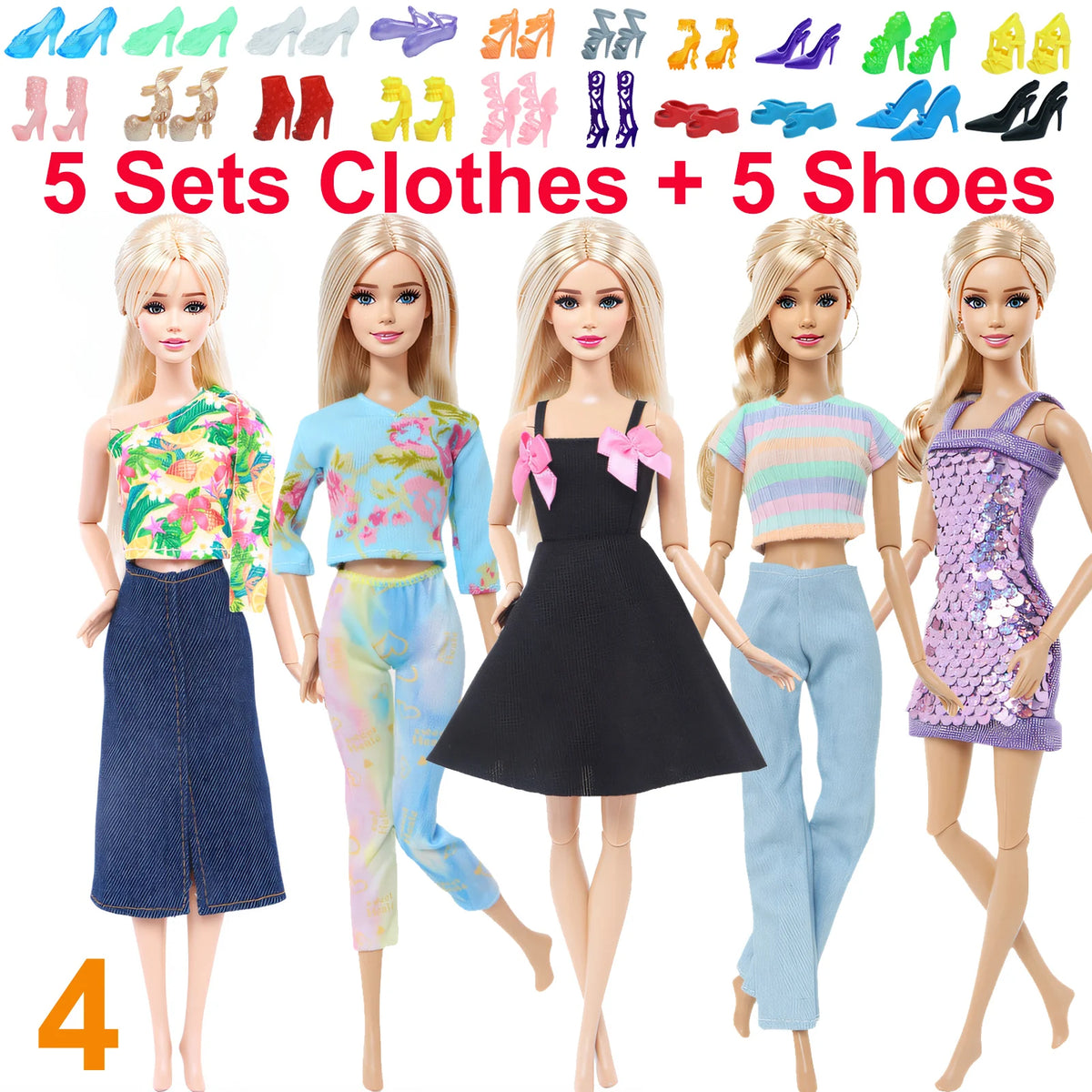 10-Piece 1/6 Scale Doll Clothes Set for 11.5–12 in (30 cm) Dolls — Dresses, Shirts, Pants & Shoes