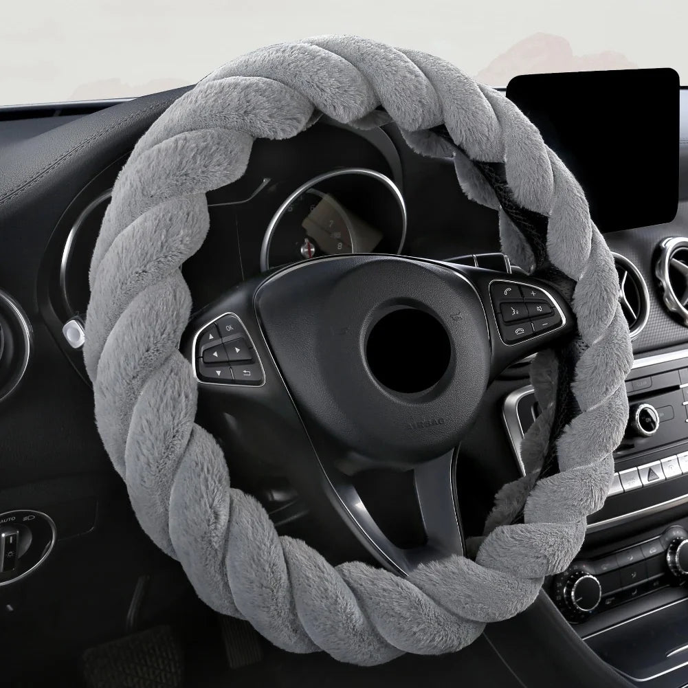 Fluffy Plush Steering Wheel Cover 38 cm (15 in) Pink, Warm Non-Slip Grip, Easy Install
