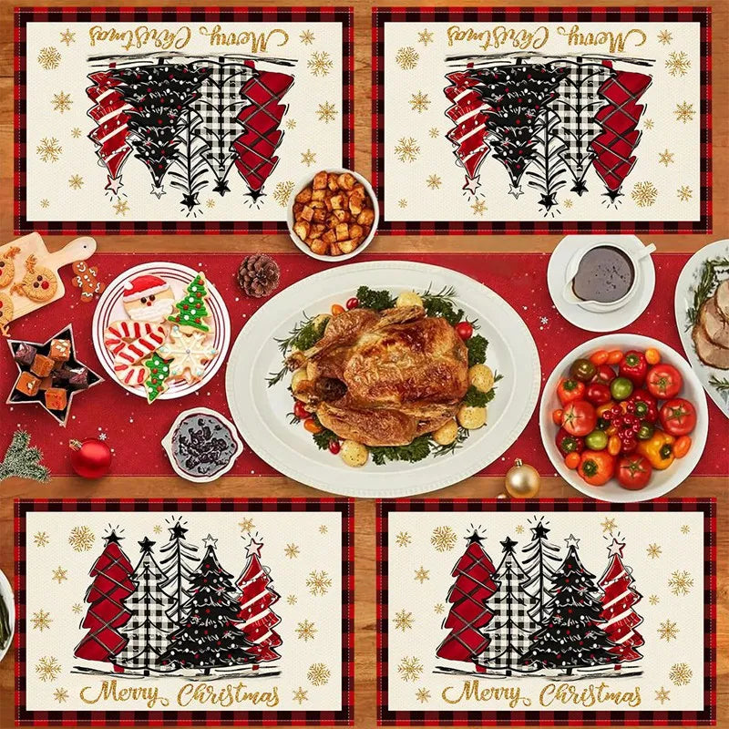 Linen Christmas Tree Placemats – Holiday Rectangle Table Mats for Kitchen & Dining, Navidad Noel