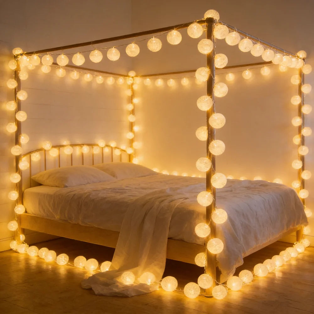 10/20 LED Cotton Ball String Lights - Fairy Garland for Wedding, Party, Garden & Patio (Indoor/Outdoor)