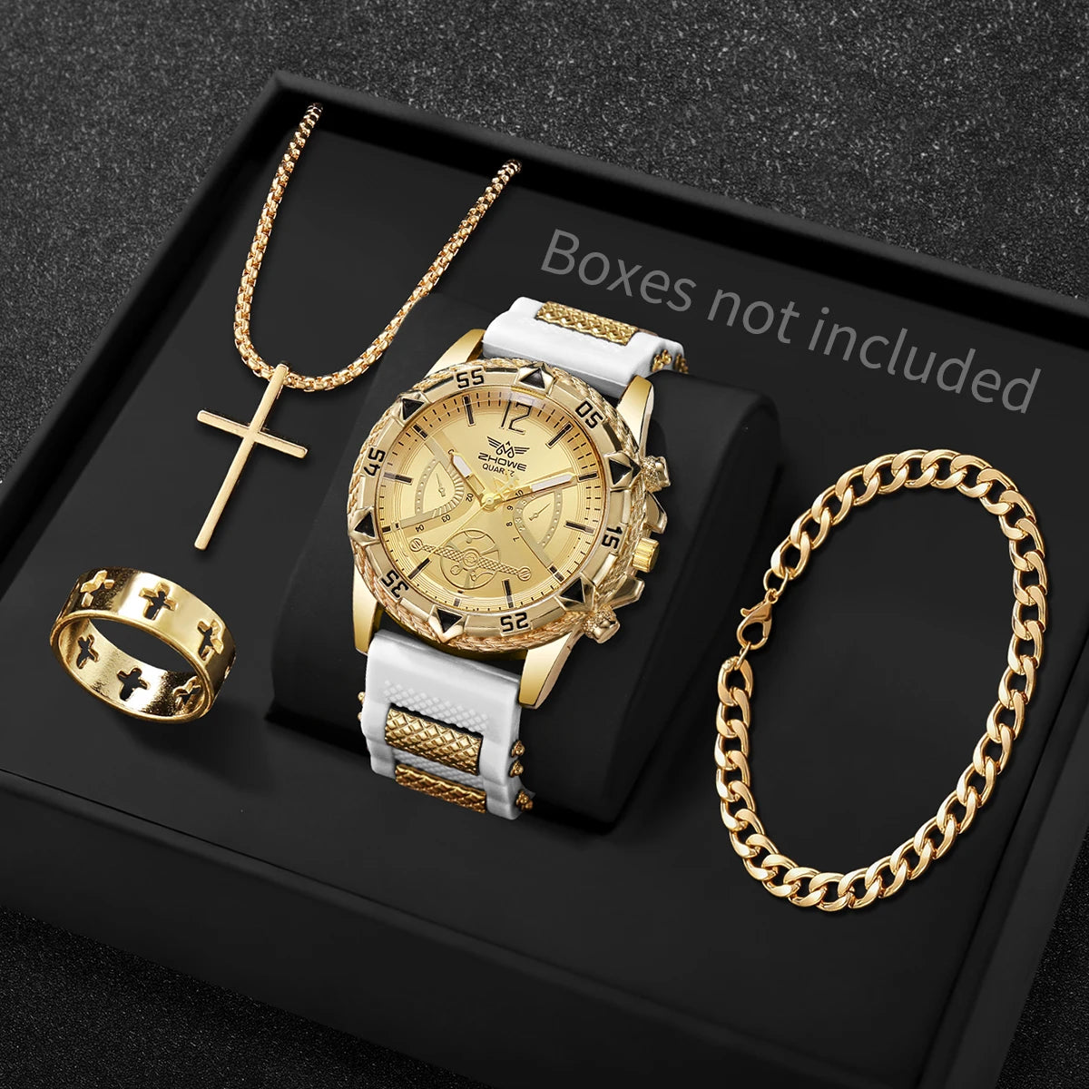 4-Piece Men's Arabic Numeral Quartz Watch Set - 45mm (1.77 in) Business Casual Wristwatch with Bracelet, Necklace & Ring