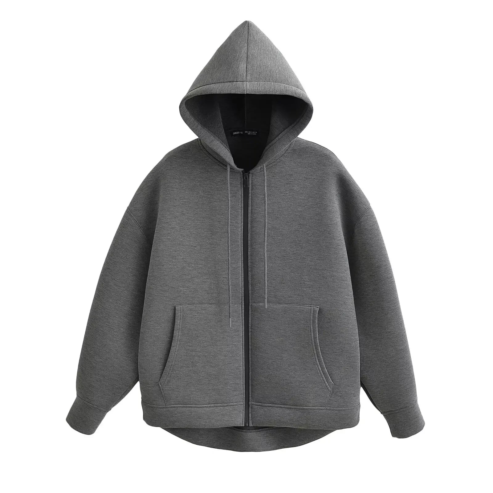 Women's Gray Hooded Zipper Jacket with Large Pockets Loose Long Sleeve Casual Coat