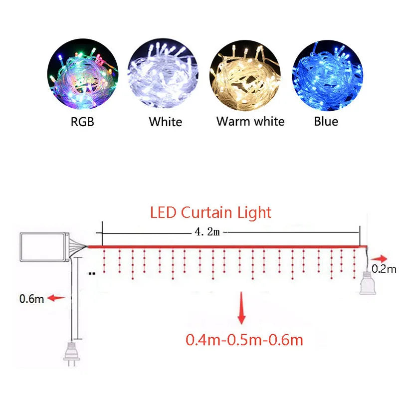 4m x 0.6m LED Curtain Icicle String Lights - EU Plug Christmas Garland for Wedding, Garden & Outdoor Decor