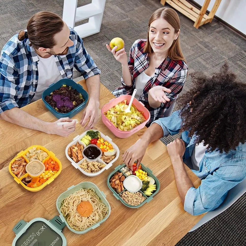 All-in-One Salad Lunch Container 50 fl oz (1.5 L) Stackable Bento Box – 3-Compartment Tray, Leak-Proof Dressing Cup & Reusable Utensils, Dishwasher & Microwave Safe