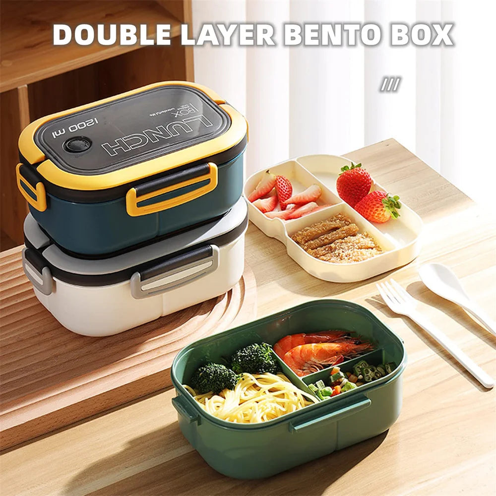 1200ml (1.2L / 40.6 fl oz) Double-Layer Bento Lunch Box with Spoon & Fork - Leakproof Compartmentalized Portable Lunchbox for Office, School & Camping